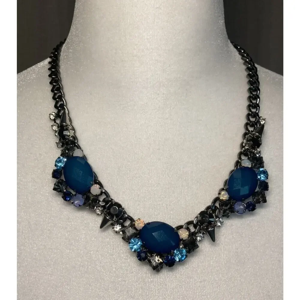 Express Women's Statement Necklace Blue Stones Studs Y2K